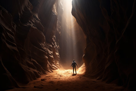 Emerging from Darkness: The Journey of a Man Ascending a Shadowy Slot Canyonの素材