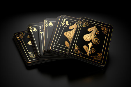 Royal Flush Elegance: A Stunning 3D Render of Five Black Casino Playing Cards with Gold Embellishmenの素材