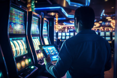 Jackpot Joy: A Relaxed Man Strikes it Big on a Mobile App, Playing Slots Onlineの素材