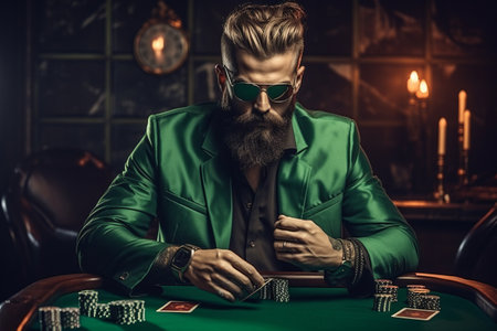 The Relaxed Charm: A Bearded Casino Player Masterfully Engages in a Game of Poker on a Green Tableの素材