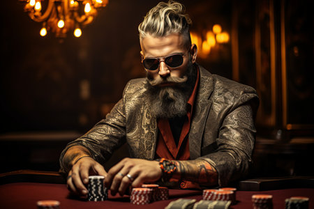 Unraveling the Stakes: A Relaxed Bearded Gambler Engaged in Poker, Cigars, and Roulette at the Casinの素材