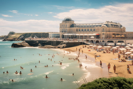 Bustling Biarritz: Exploring Casino Barriere and the Vibrant Grande Plage Beach in July 2022の素材