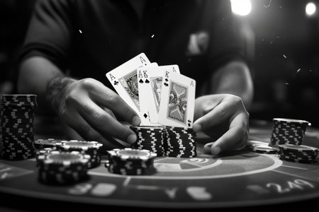 Mastering the Art: A Glitchy Snapshot of Poker Players Flaunting Double Pairs amidst Gaming Chips atの素材