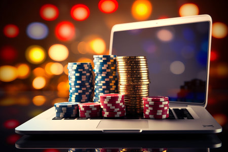 Gambling Hi-Tech: A Leisurely Stacking of Casino Chips, Cards, and Dices on a Laptopの素材