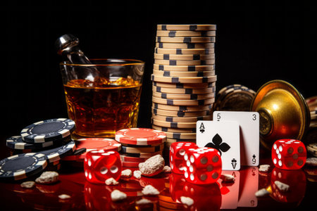 Immersed in the Relaxed Atmosphere: A Closeup of Casino Chips, Dice, Playing Cards, and Alcohol Drinの素材