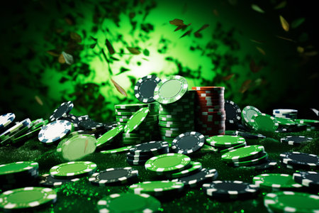 Relaxed Casino Vibes: Witness the Fall of Casino Chips on a Green 3:2 AR Table!の素材