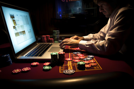 Digital Casino: Exploring the World of Online Gambling through Casino Chips on a Computer Screenの素材