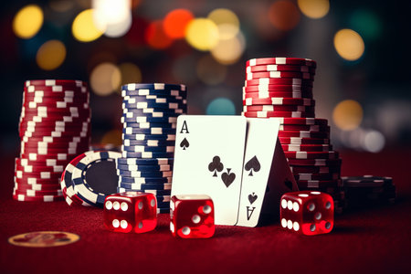Gaming Delight: Exploring the Thrills of Online Casino Betting with Casino Chips, Dice, and Playingの素材