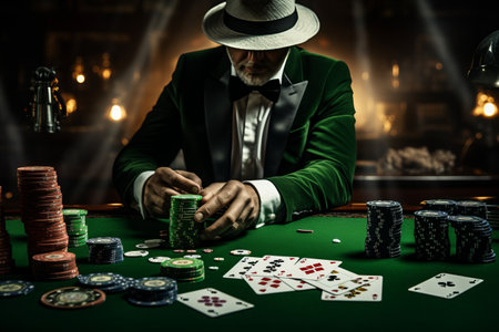 The Thrilling World of Casino Gambling: A Close-Up Glimpse of a Relaxed Poker Player Amidst Chips anの素材