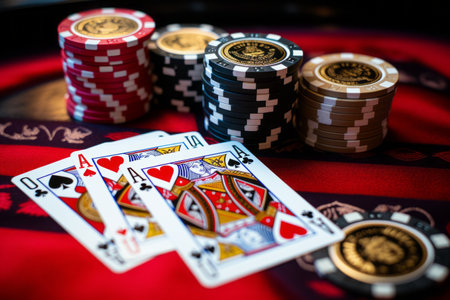 The Mesmerizing World of Casino Gaming: Closeup of Authentic Playing Cards, Chips, and Seal, Approveの素材