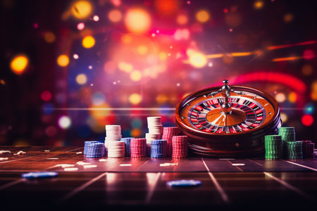 Relax and Roll the Dice: Vibrant Casino Set on Colorful Bokeh Backgroundの素材