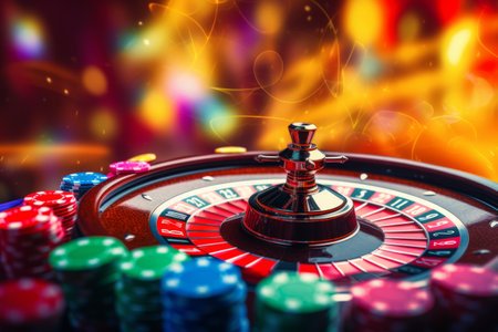 Colorful Bokeh Casino: A Vibrant Set of Roulette Wheel, Cards, Dice, and Poker Chipsの素材