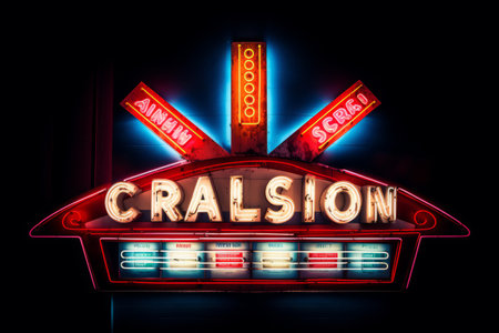 Nighttime Glitz: Retro Neon Advertisement at Casino Lights Up the Evening Skyの素材