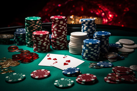 Unwind and Play: Embrace Your Luck with a Casino Set Featuring Cards, Dice, and Chips on a Blackjackの素材