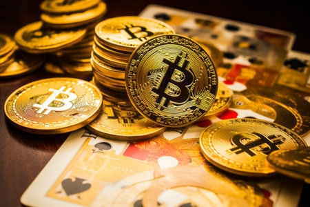 Shining Fortunes: A Close-Up of Golden Bitcoins and Gambling Cardsの素材