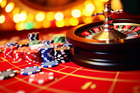 Lucky Table Charms: A Relaxing Close-Up of Chips and Roulette at the Casinoの素材