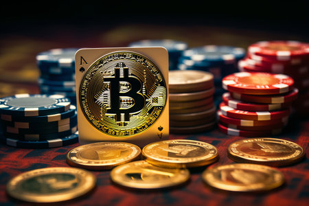 Golden Bitcoin Takes Center Stage: A Casino Payment Amidst a Playful Deck of Cards and Poker Chipsの素材