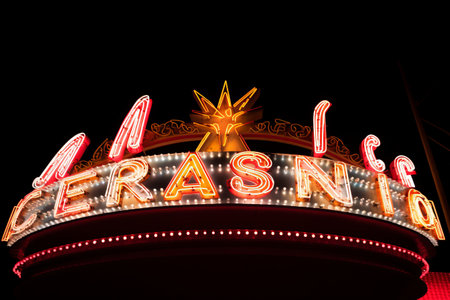 Glowing Sensations: A Tranquil Night at the Neon-lit Casino in Las Vegasの素材