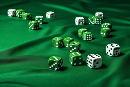 Relaxed Gaming: A Colorful Display of Poker Chips on Green Cloth - @irag439995の素材