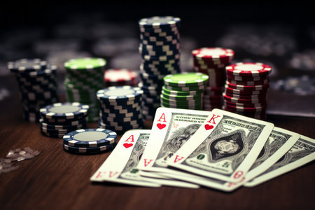 Winning Stacks: A Gamblers Delight with Dollar Banknotes, Poker Chips, and Playing Cards on the Casの素材