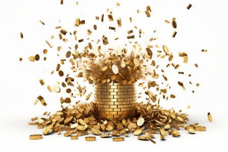 Unleashing the Riches: A Dazzling Casino Jackpot! 3D Rendering With Bursting Gold Coins and Dollar Sの素材