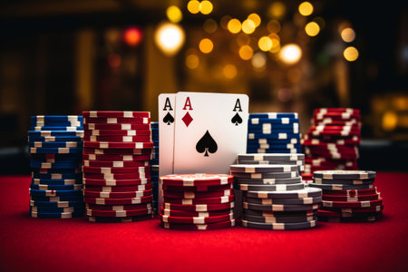 Winning Hands: Four Aces Amidst a Cascade of Poker Chips at a Serene Casino Ambianceの素材