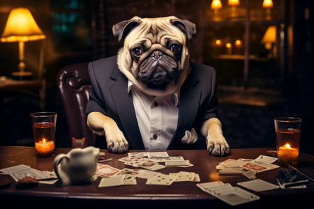 The Poker Pug: A Hilarious High Roller with Glasses Deals a Winning Hand at the Casino!の素材