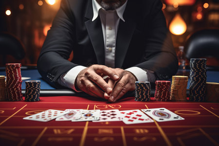 The Thrilling World of Gambling: A Close-up on a Croupiers Skilled Hand Holding Playing Cards and Aの素材