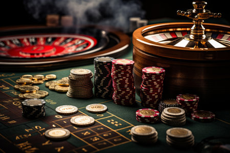 Captivating Casino Vibes: A Spectacular Gambling Table adorned with Stacked Coins and a Mesmerizingの素材