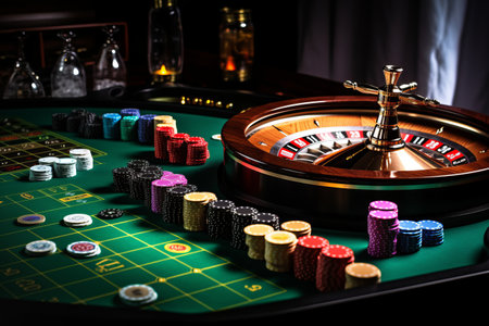 Immersed in the Casinos Allure: A Vibrant Snapshot of Roulette on a Stacked Gambling Tableの素材