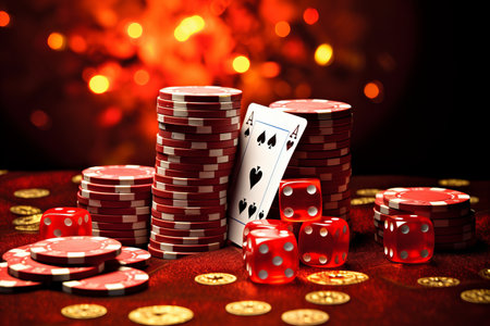 Captivating Image: A Laid-back Scene of Gambling Red Dice, Poker Cards, and Coinsの素材
