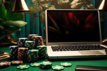 The Relaxed Green Casino Setup: A Table Adorned with Chips and Cards on a Notebook - @irag439995の素材