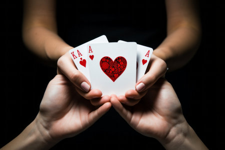 The Fascination of Hearts: A Relaxed Hand Holding Ace Playing Cards - @irag439995 (3:2 AR)の素材