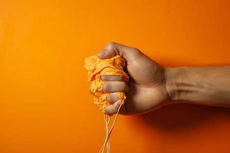 Unleashing Power: A Man's Hand Breaks Through Torn Orange Paper with a Live Cableの素材