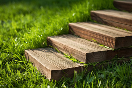 Crafting a Serene Connection: Artisan-Made Wooden Staircase Amidst Lush Green Grassの素材