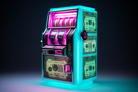 Unconventional Cashout: The Whimsical ATM Slot Machine Spitting Out Cash in Dark Turquoise and Lightの素材