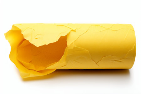 Above the Horizon: Captivating View of Yellow Rolled-up Torn Paper on an Isolated White Canvasの素材