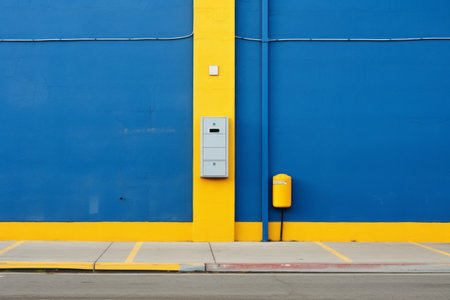 Vibrant Color Contrast: Exploring the Blue Wall and Yellow and White Parking Slotの素材