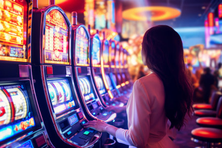 Captivating Casino Slot Video Games: A Closeup of a Woman's Hand on the Betting Buttonの素材