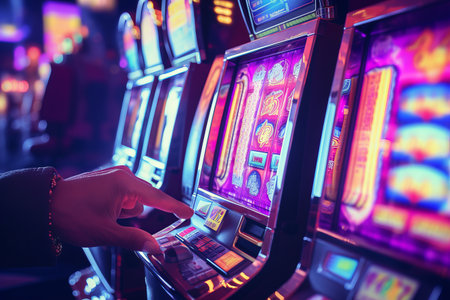 Immersive Casino Experience: Captivating Close-Up of Hand Inserting Money into Slot Machineの素材
