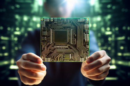 Circuits Unraveled: Engineer Holds Electron Microscope to Examine Intricate Circuit Boardの素材