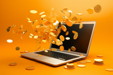 Unleashing Luck: Vibrant Laptop Displaying 777, Cascading Coins, and Casino Wins on Orange-Yellow Baの素材