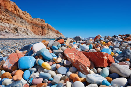 Vibrant Hue Medley: Colored Rocks on Greece's Coastal Oasis Amidst a Blue Sky Backdropの素材