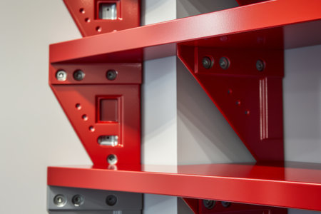 Efficient Storage Solution: Corner Point Slotted Angle Shelves with Angled Holes and Silver Screws for Red, Grey, and Silver Aesthetic.の素材