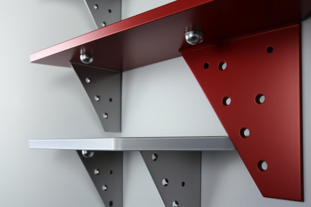 Maximizing Storage with Corner Point: Slotted Angle Shelves Corner Plate in Red Grey, Enhanced with Silver Screws and Angled Holesの素材