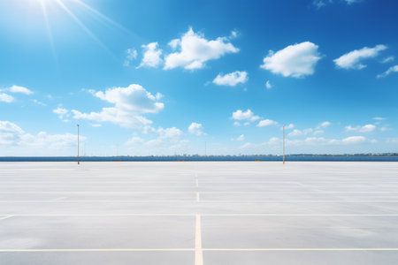 Vast Tranquility: The Empty Parking Lot Bathed in Sun's Reflection on a Blue Skyの素材