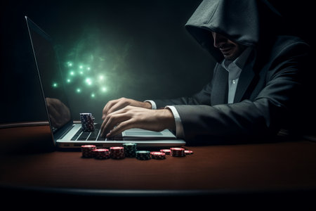 Relaxed Man Enjoying a Casino Online: Closeup of Poker Game on Laptop at a Wooden Tableの素材