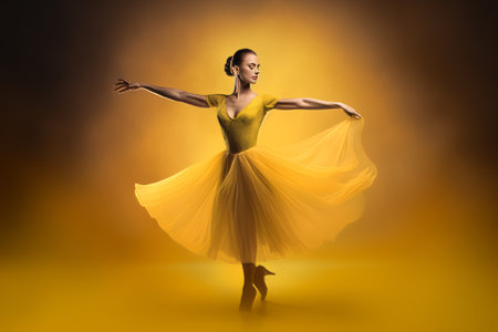 Elegant Christmas Celebration: Capturing the Grace of a Lady Dancer amid Shiny Yellow Fogの素材