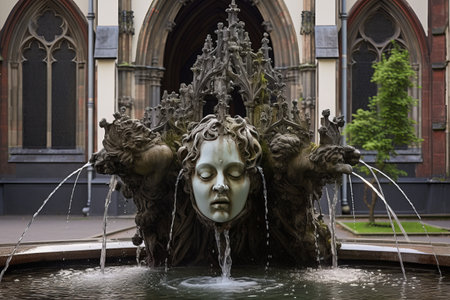 Gothic Fusion: The Bacchus Head Fountain Amidst a Majestic Churchの素材
