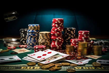 High Stakes: A Playful Blend of Poker Chips, Money, and Toy Airplanes at the Blackjack Tableの素材